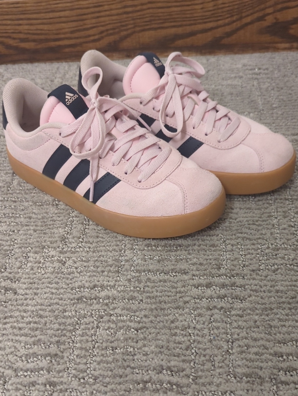 adidas Women’s Light Pink Suede Sneakers with Navy Stripes and Gum Sole